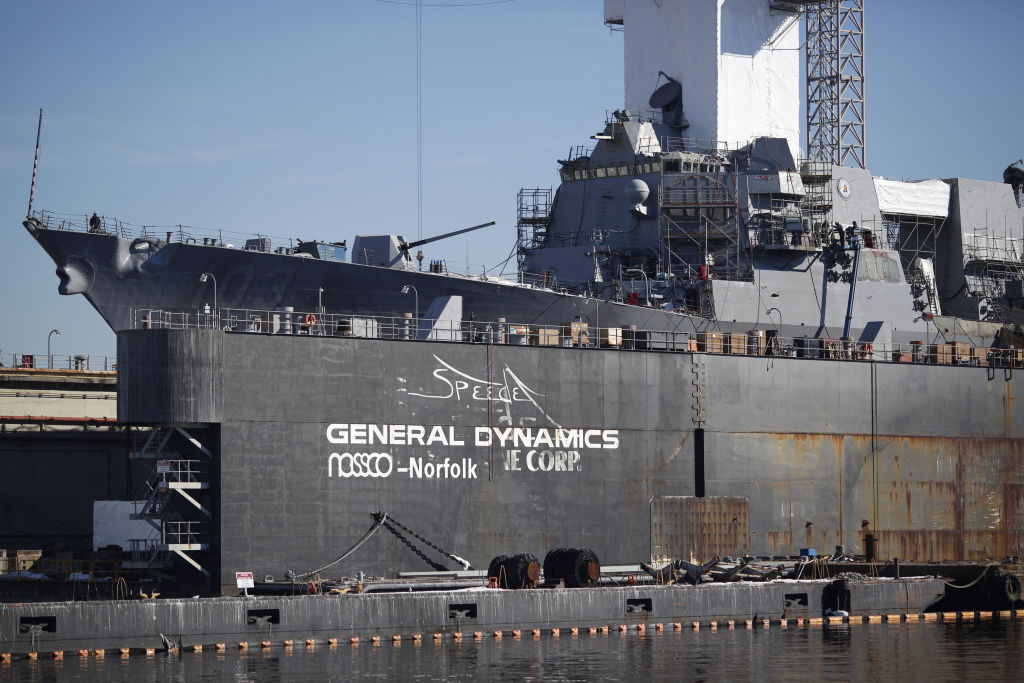 The USS Truxtun (DDG-103) destroyer sits in dry dock at the General Dynamics Corp. NASSCO shipyard facility on the Elizabeth River in Norfolk, Virginia, U.S., on Tuesday, Jan. 9, 2018. General Dynamics released earnings figures on January 24. Photographer: Luke Sharrett/Bloomberg via Getty Images