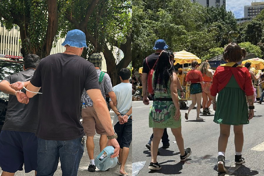 Policiais civis disfarçados de personagens da Turma do Chaves prendem criminosos em flagrante em blocos de Carnaval na República, em São Paulo
