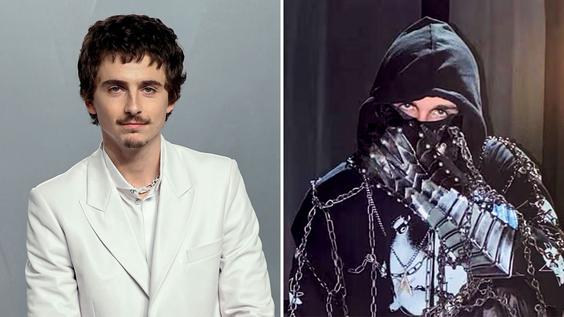 OLHAR FATAL - Sempre coberto da cabeça aos pés, o rapper EsDeeKid (à dir.) foi ligado pelos detetives digitais ao ator Timothée Chalamet. A teoria foi alimentada pelo histórico frustrado do ator com o rap no passado. Como provocação, Chalamet fez recentemente um videoclipe com o mascarado, levando a música 4 Raws às paradas.
