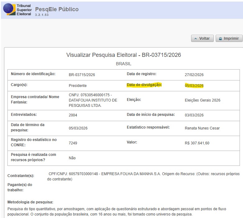 Reprodução do registro da nova pesquisa Datafolha no site do TSE: previsão de divulgação nesta quinta-feira é gerada automaticamente pelo tribunal