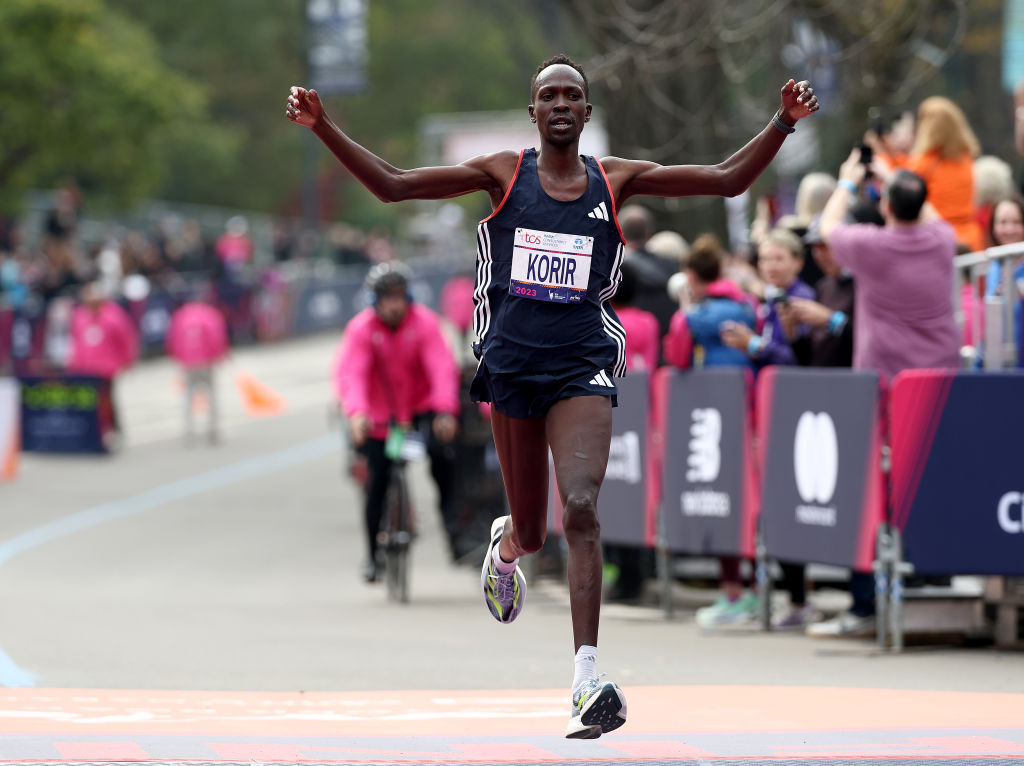 NEW YORK, NEW YORK - NOVEMBER 05: Albert Korir of Kenya celebrates as he crosses the finish line to earn a silver in the Men's Division during the 2023 TCS New York City Marathon on November 05, 2023 in Central Park in New York City. (Photo by Elsa/Getty Images)