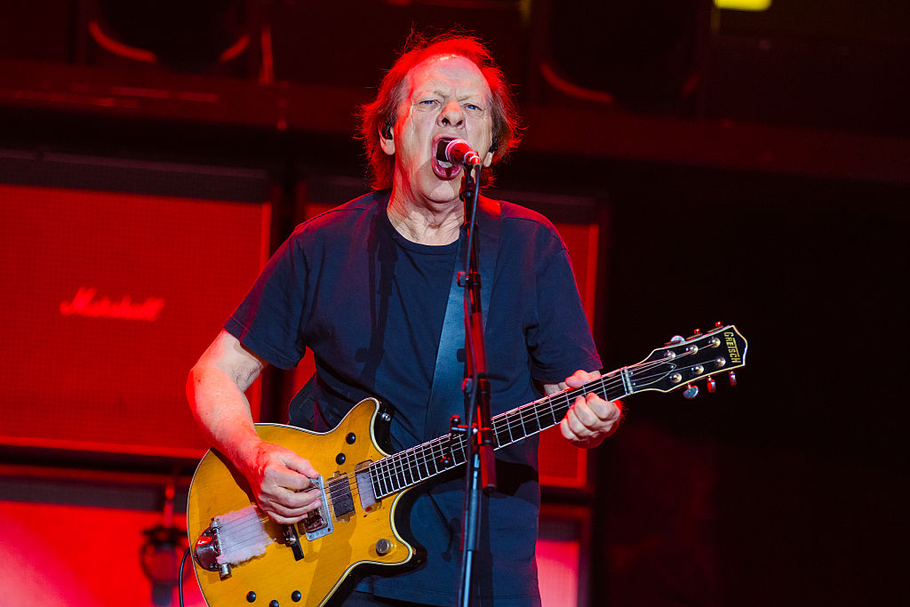 SAO PAULO, BRAZIL - FEBRUARY 26: Stevie Young of AC/DC performs live on stage as part of the "Power Up" tour at MorumBIS on February 24, 2026 in Sao Paulo, Brazil.(Photo by Mauricio Santana/Getty Images)