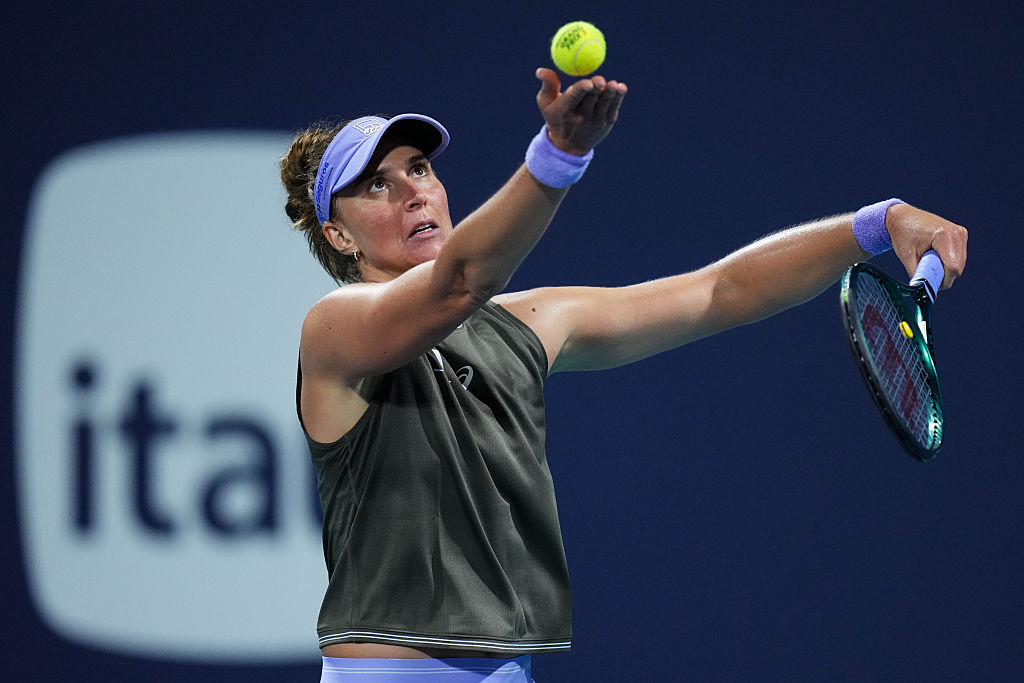 MIAMI GARDENS, FLORIDA - MARCH 17: Beatriz Haddad Maia of Brazil serves against Zeynep Sonmez of Turkey during their match on day 1 of the Miami Open at Hard Rock Stadium on March 17, 2026 in Miami Gardens, Florida. (Photo by Rich Storry/Getty Images)