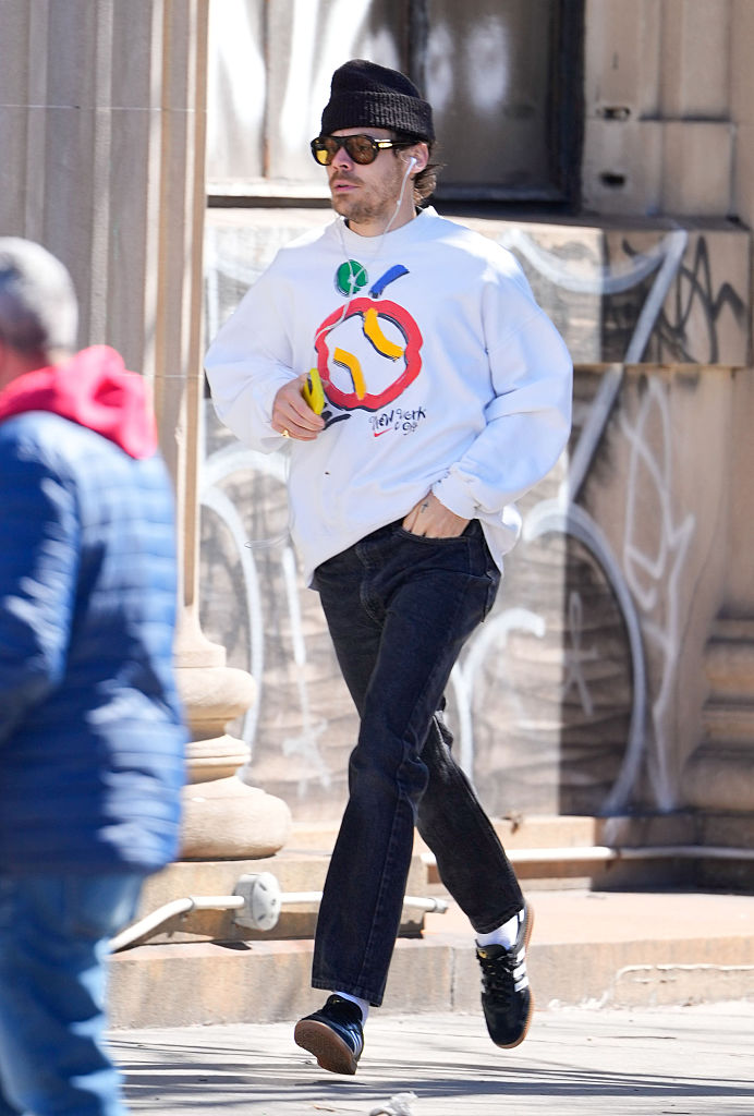 Harry Styles veste moletom Nike vintage e tênis Adidas Samba