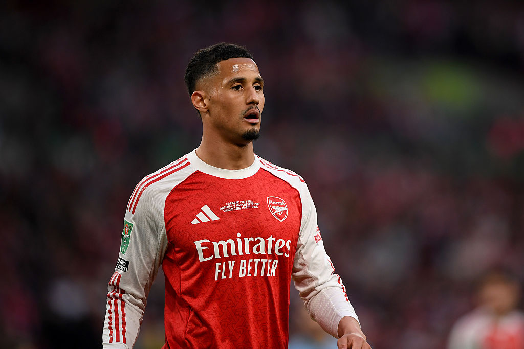LONDON, ENGLAND - MARCH 22: William Saliba of Arsenal looks on during the Carabao Cup Final match between Arsenal and Manchester City at Wembley Stadium on March 22, 2026 in London, England. (Photo by Alex Burstow/Arsenal FC via Getty Images)