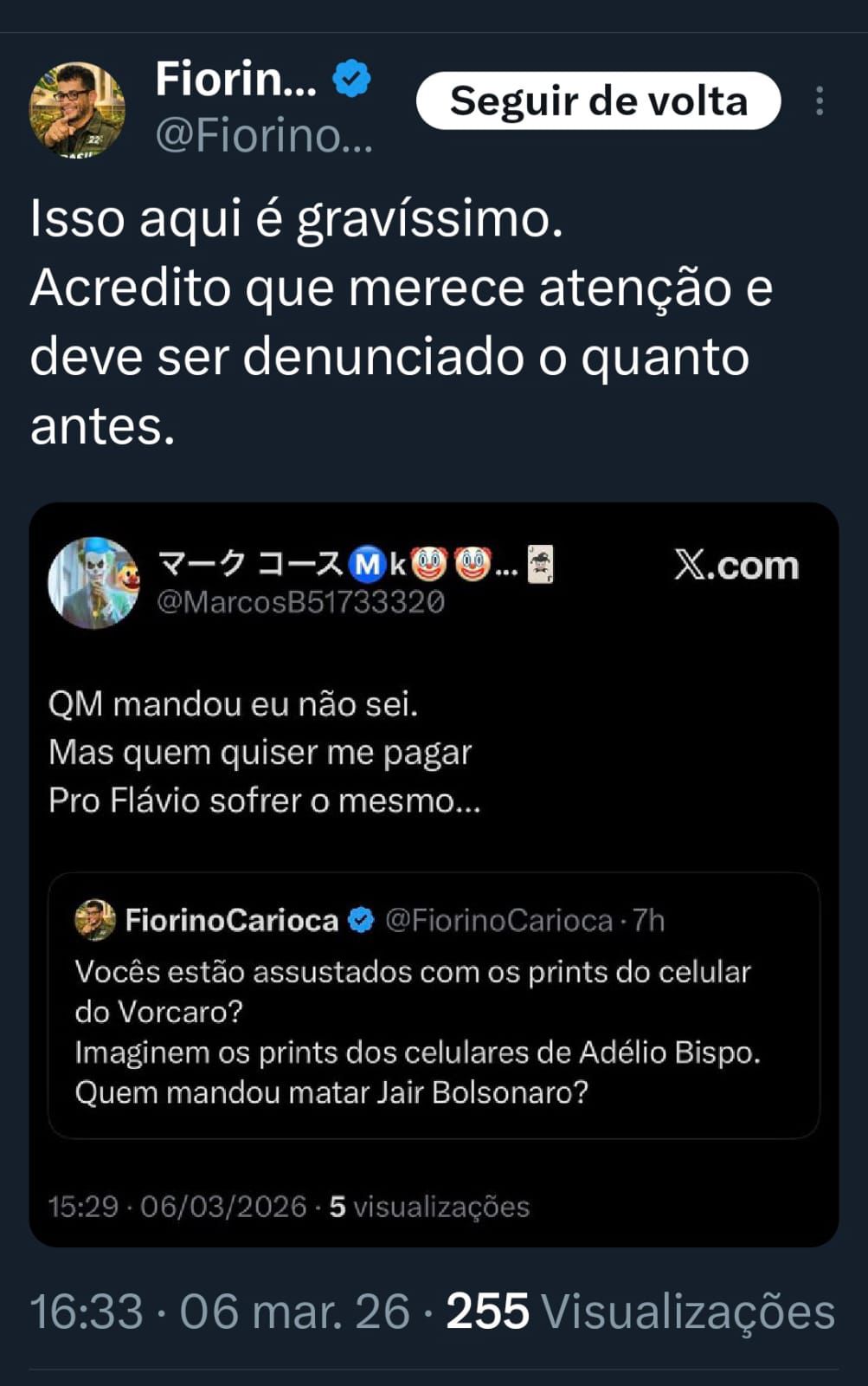 Publicação que deu origem ao BO registrado por Flávio