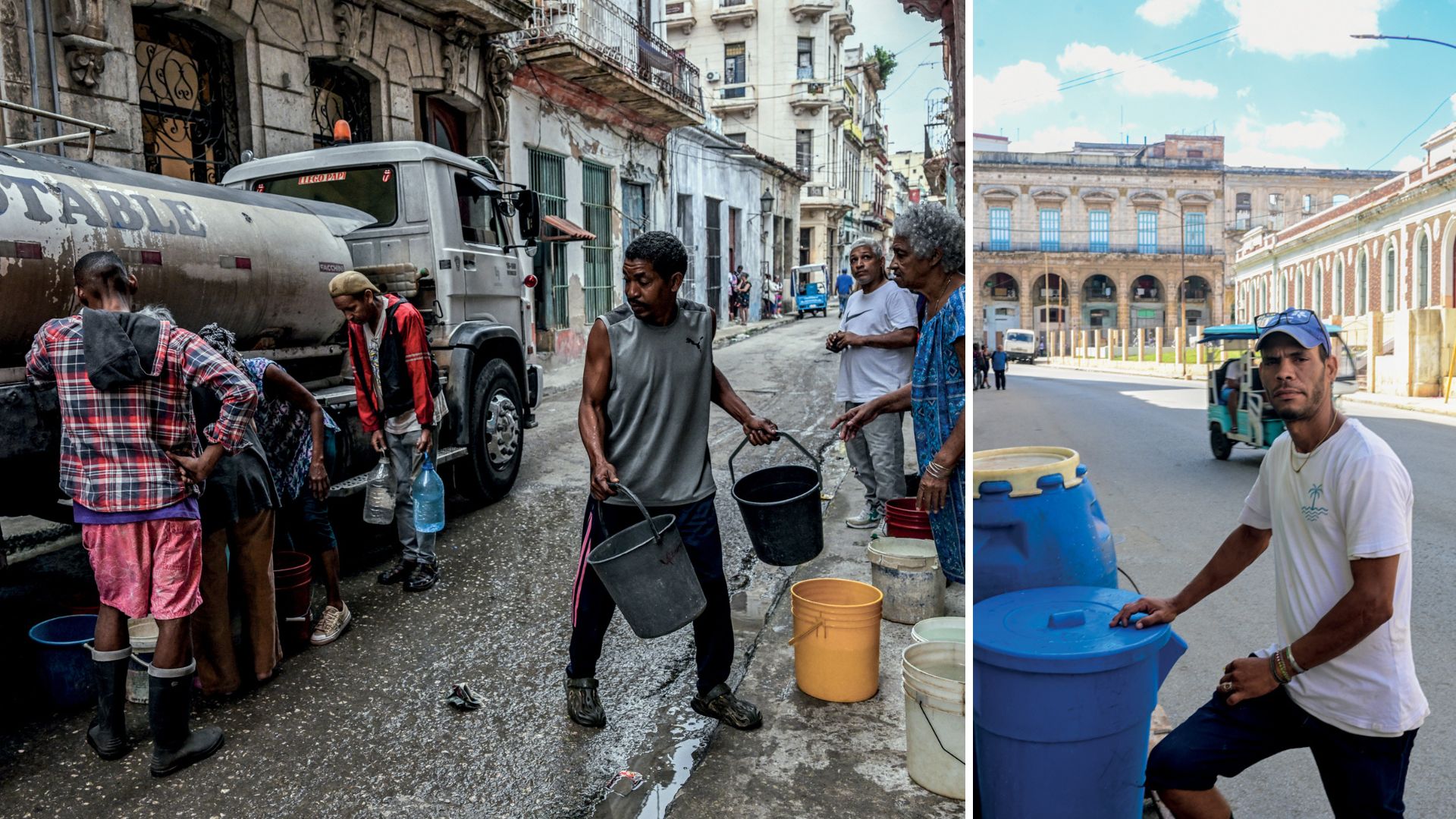 “LUTA DIÁRIA” - A falta de combustível impede que as bombas levem água até as casas, e os moradores de Havana têm de recorrer a caminhões-pipa. Neles, o pedreiro Ángel Díaz (à dir.), 36 anos, enche dois tonéis e os leva por quinze quadras, em um carrinho improvisado, até a casa de uma tia idosa. “Sem petróleo não tem água e sem água não se vive”, diz.