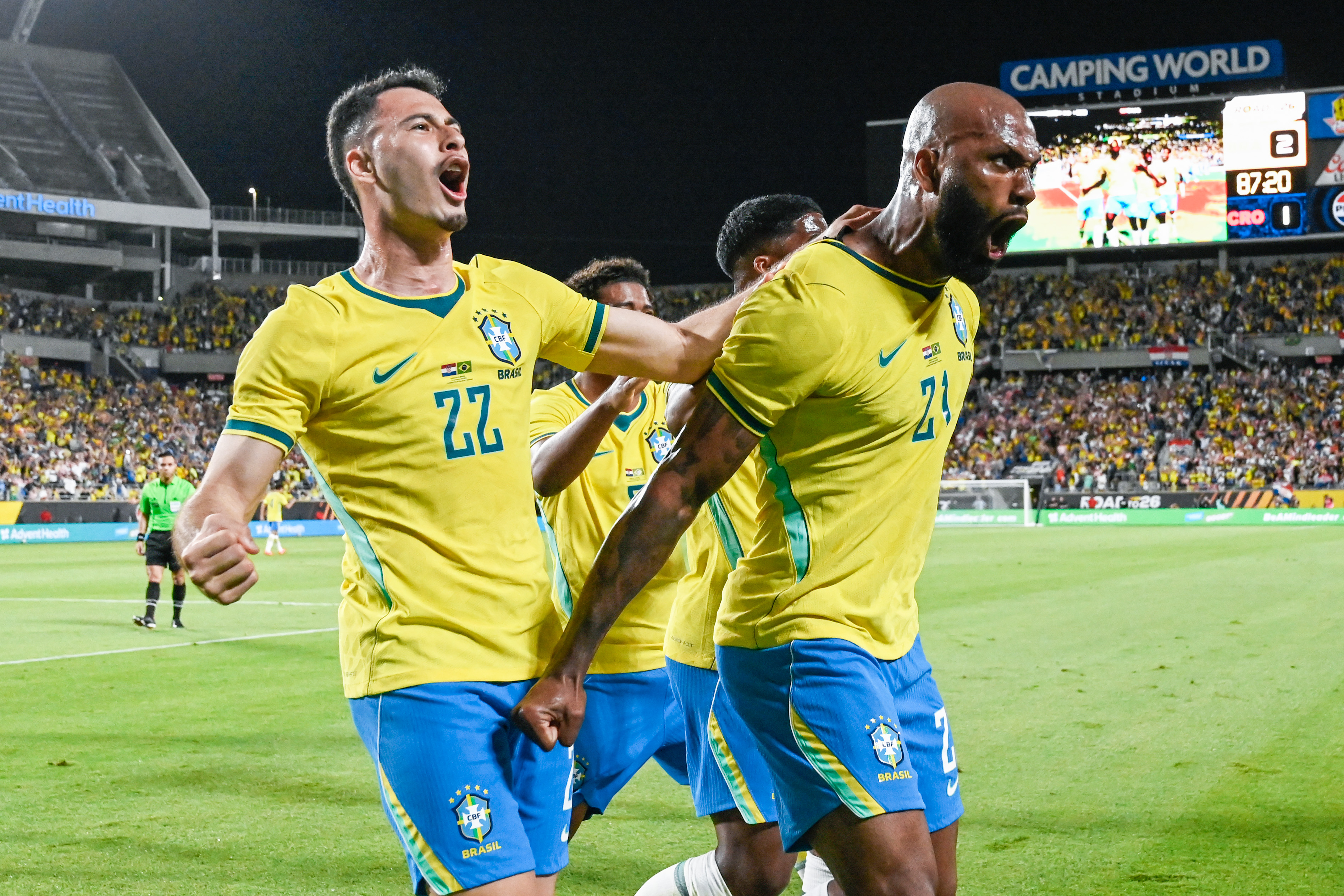 ORLANDO, FLORIDA - MARCH 31: Igor Thiago of Brazil celebrates after scoring the team's second goal during the international friendly match between Brazil and Croatia at Camping World Stadium on March 31, 2026 in Orlando, Florida. (Photo by Andre Ricardo/Sports Press Photo/Getty Images)