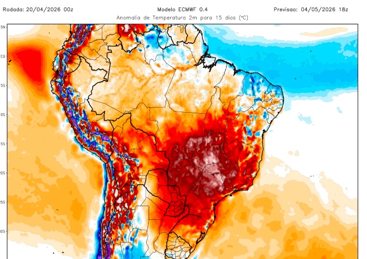 Mapa aponta a projeção do Centro Europeu de Previsões Meteorológicas de Médio Prazo para os próximos 15 dias, indicando temperaturas muito acima da média em grande parte do Brasil no fim de abril e início de maio