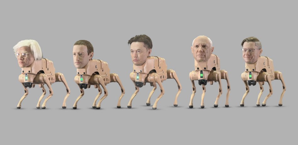 Exposição 'Regular Animals' tem cabeças de silicone hiper-realistas em cachorros-robôs — Andy Warhol, Mark Zuckerberg, Elon Musk Pablo Picasso e o próprio artista da instalação ganharam versões robóticas