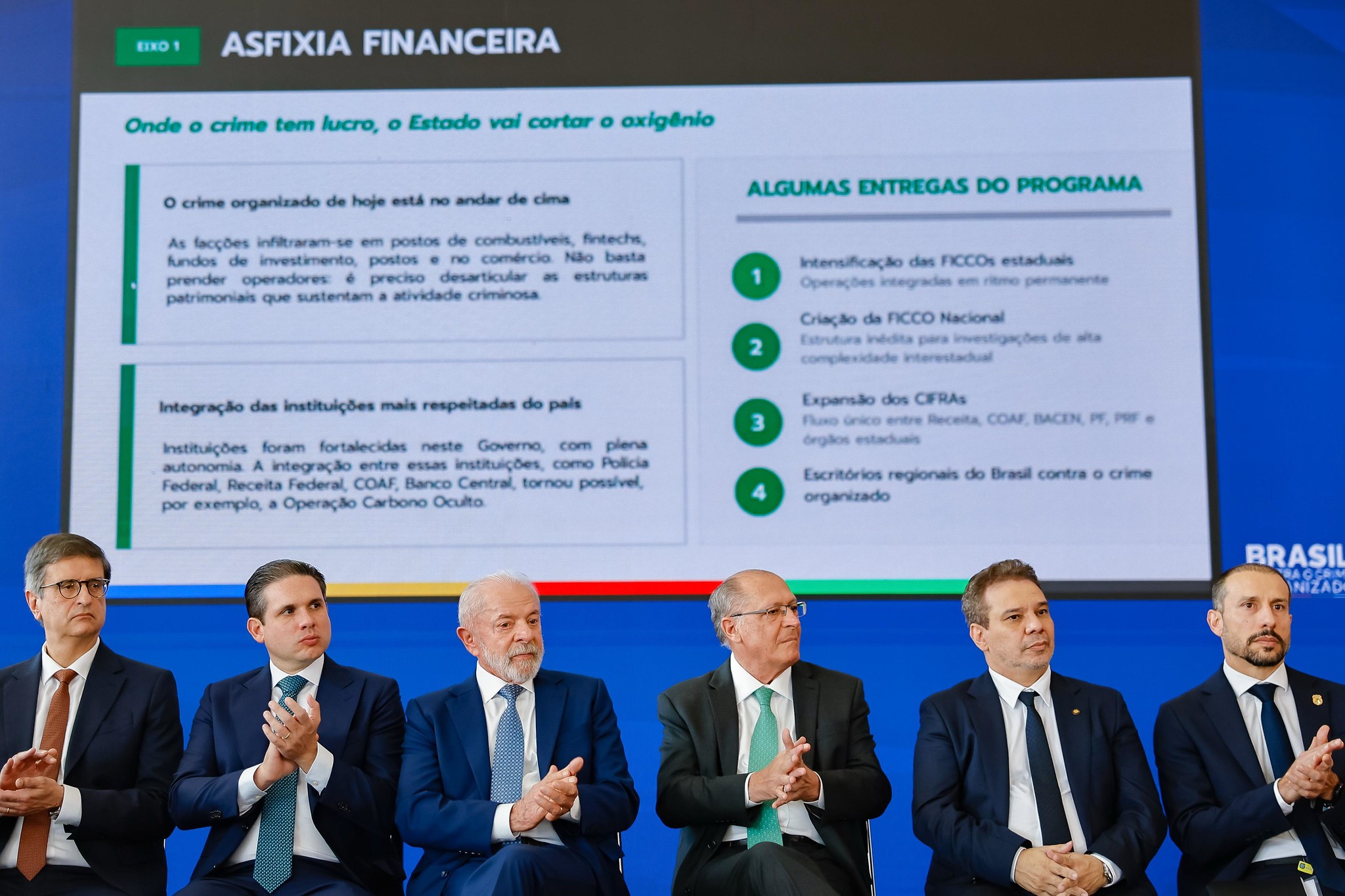 Cerimônia de lançamento do "Brasil contra o Crime Organizado", da esquerda para direita: o procurador-geral da República Paulo Gonet, o presidente da Câmara dos Deputados Hugo Motta, o presidente Luiz Inácio Lula da Silva, o vice-presidente Geraldo Alckmin, o ministro da Justiça Wellington Lima e Silva e o diretor-adjunto da Polícia Federal William Murad