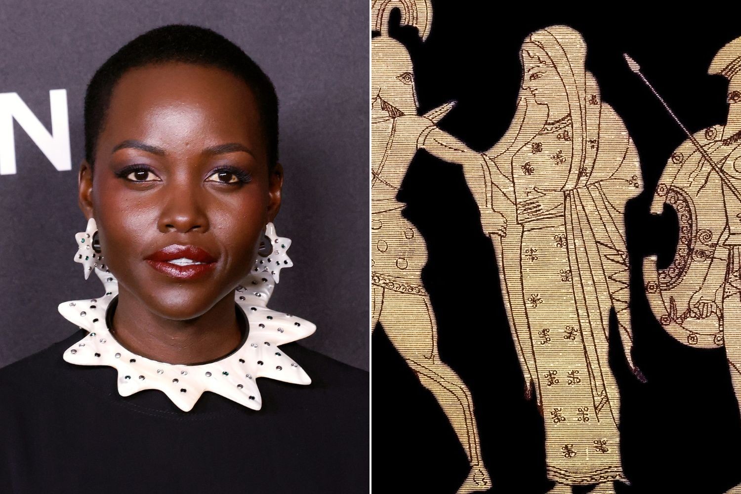 Lupita Nyong'o ao lado de uma representação de Helena de Tróia