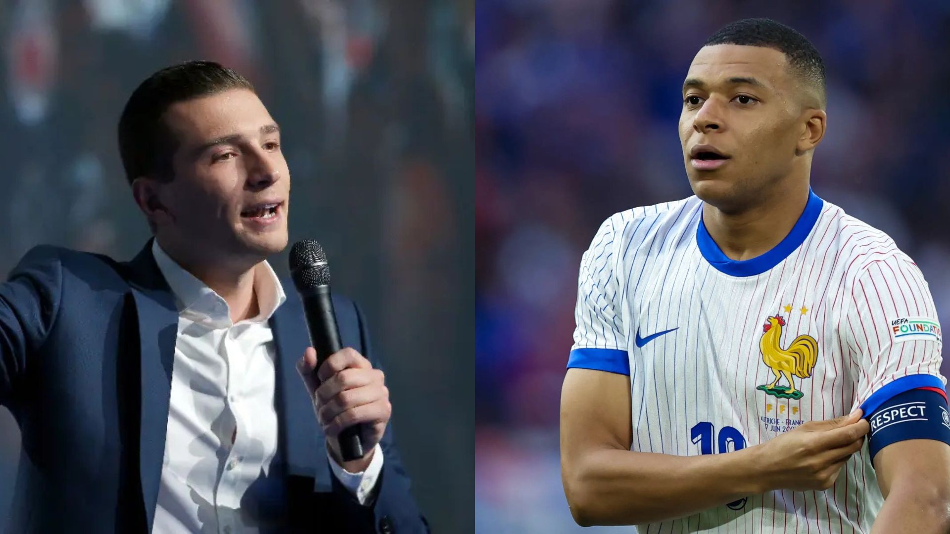 O político Jordan Bardella, do partido Reagrupamento Nacional, e o jogador de futebol Kylian Mbappé. -
