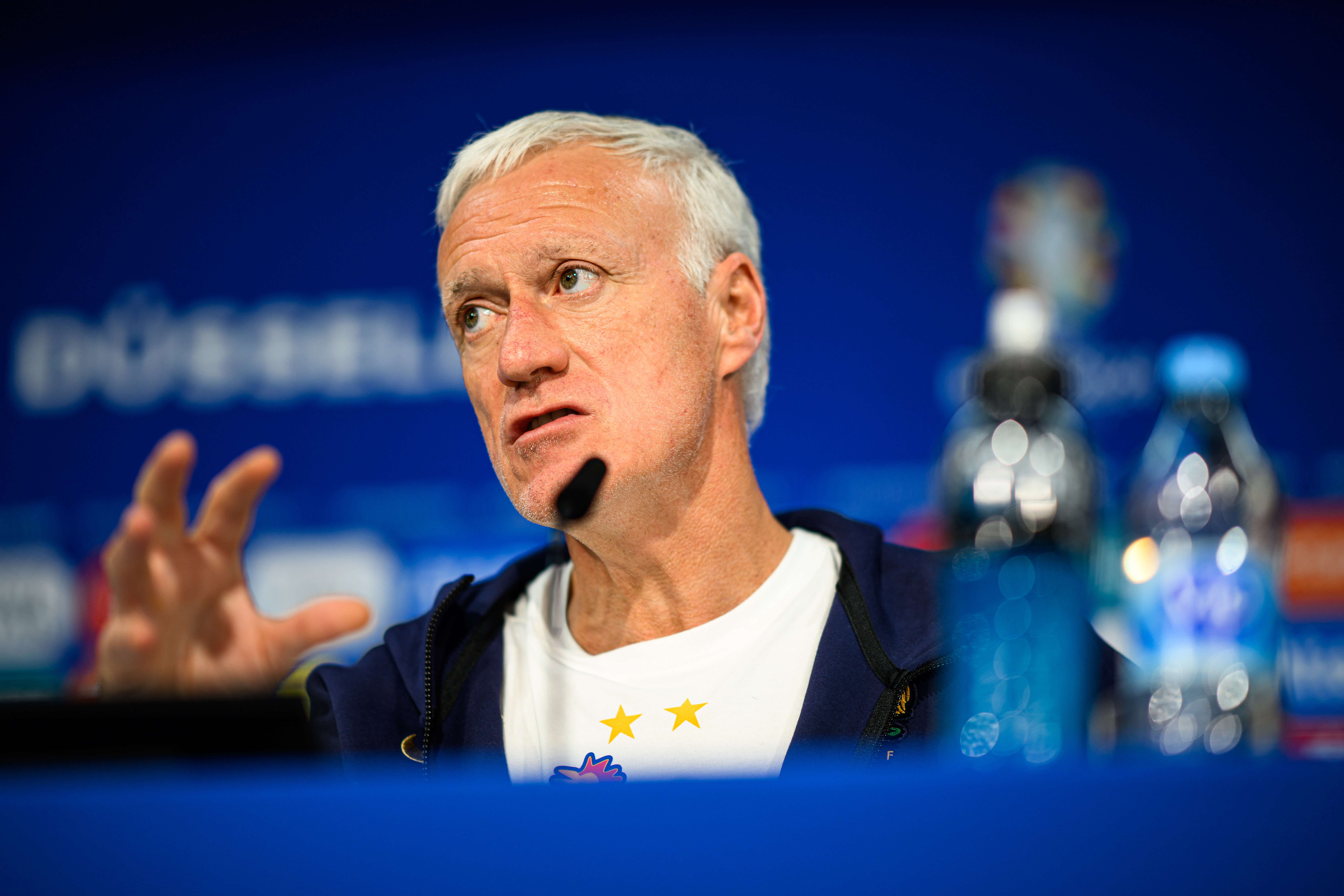 DUSSELDORF, GERMANY - JUNE 30: Didier Deschamps , Head coach of France during the press conference at Düsseldorf Arena on June 30, 2024 in Dusseldorf, Germany. (Photo by Frederic Scheidemann - UEFA/UEFA via Getty Images)