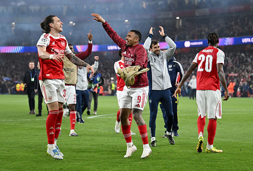 LONDON, ENGLAND - MAY 05: Riccardo Calafiori and Gabriel Jesus of Arsenal celebrate progressing to the final of the UEFA Champions League 2025/26 after the team's victory in the UEFA Champions League 2025/26 Semi Final Second Leg match between Arsenal FC and Atletico de Madrid at Arsenal Stadium on May 05, 2026 in London, England. (Photo by David Price/Arsenal FC via Getty Images)
