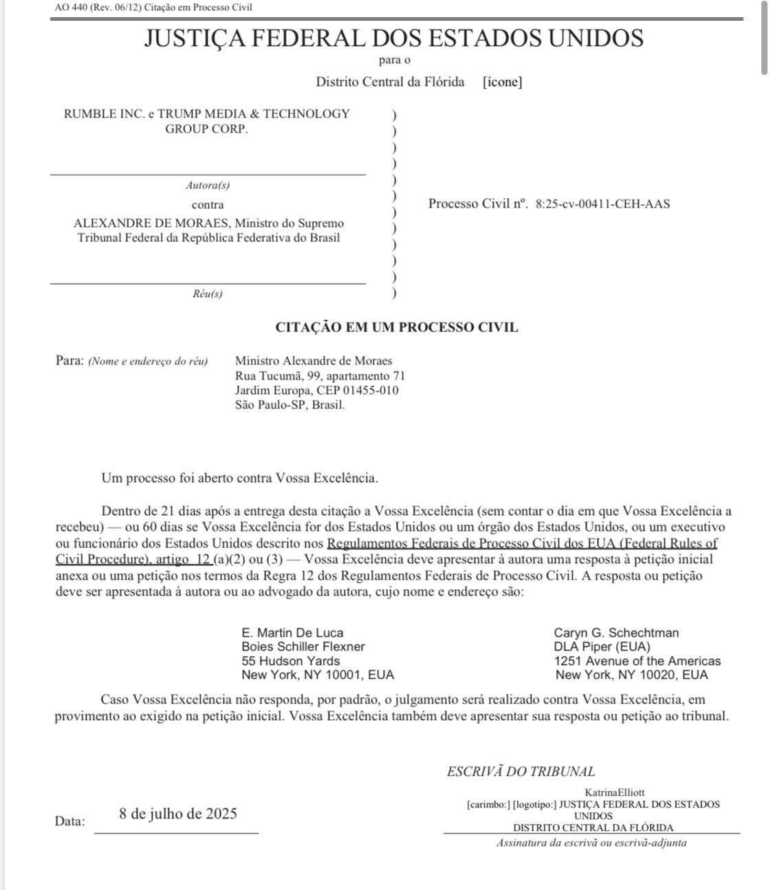 Intimação enviada ao ministro Alexandre de Moraes, do Supremo Tribunal Federal (STF).