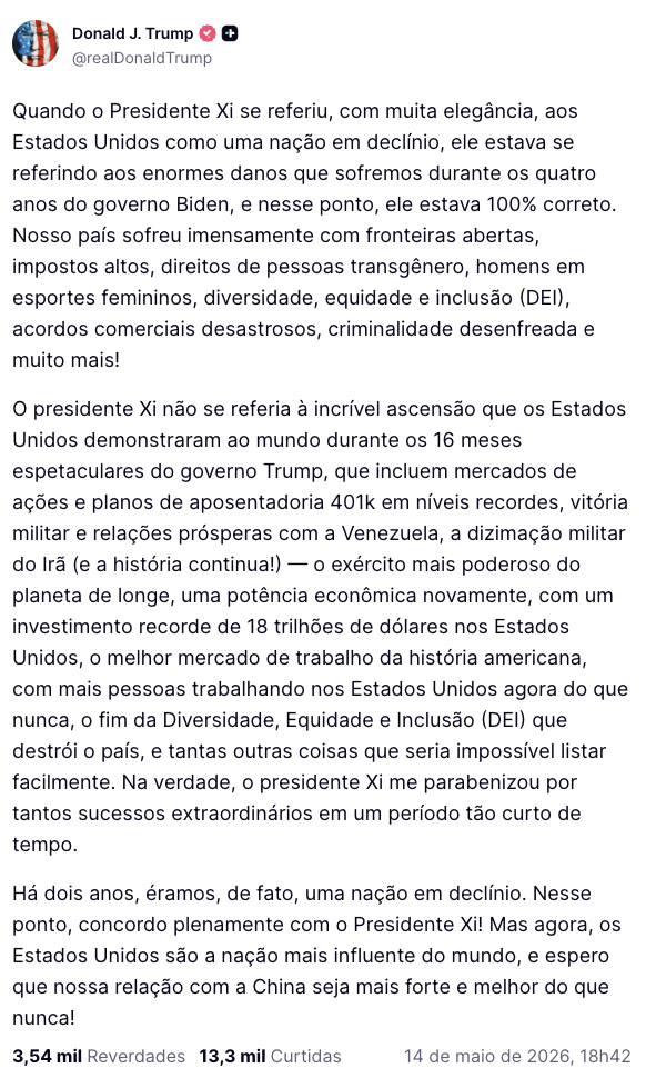 Post de Donald Trump na rede social Truth Social