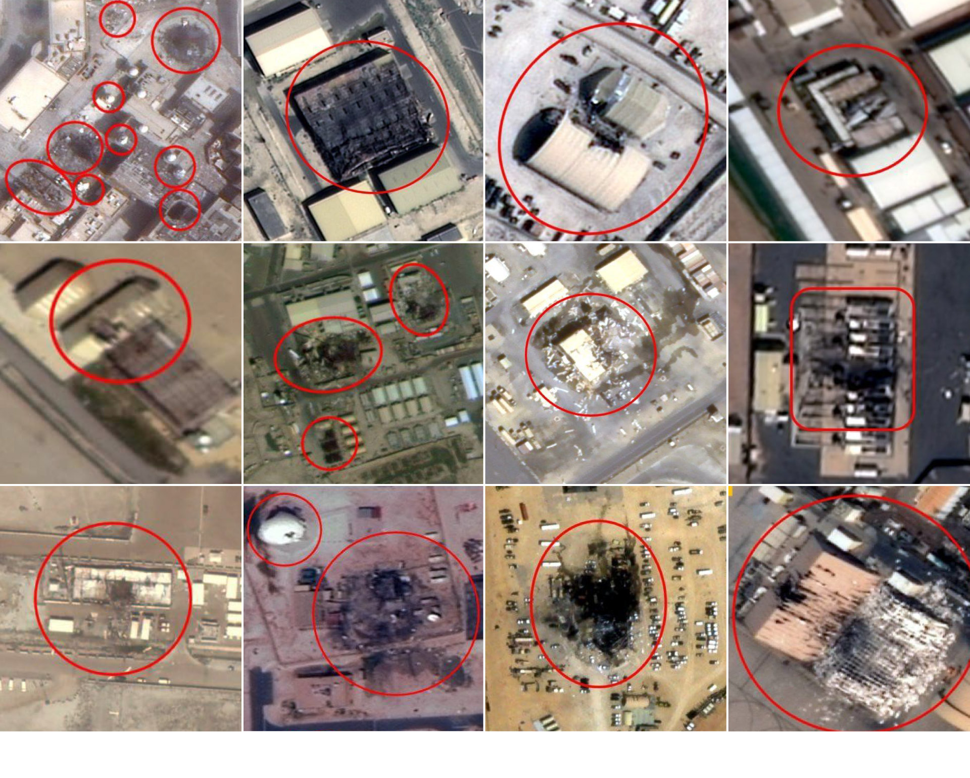 Alvos atacados pelas forças iranianas em bases americanas no Oriente Médio.