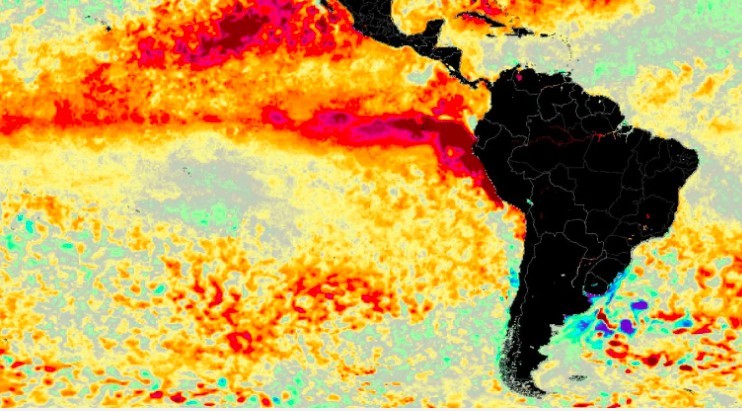 Imagem da National Oceanic and Atmospheric Administration (NOAA), dos Estados Unidos, mostra áreas do Oceano Pacífico com temperaturas acima da média, sinalizando o desenvolvimento de um possível episódio intenso de El Niño em 2026