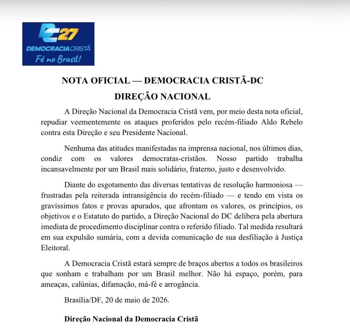 Em nota, Democracia Cristã (DC) anuncia abertura de processo disciplinar para expulsar o ex-ministro Aldo Rebelo do partido