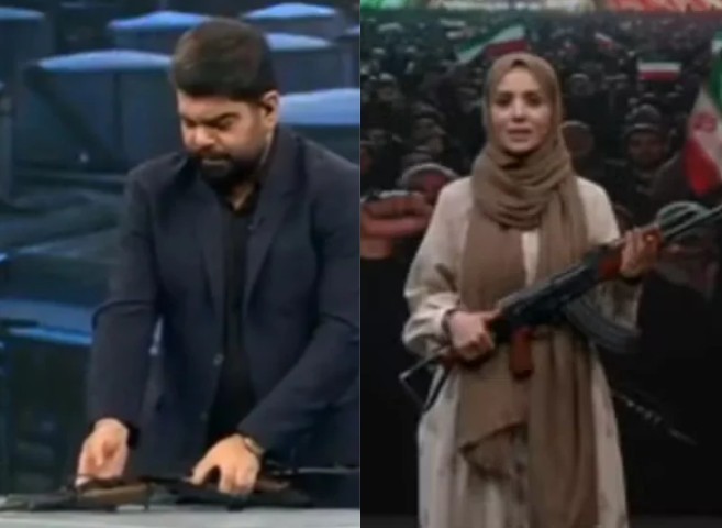 Apresentadores aparecem armados ao vivo em TV iraniana