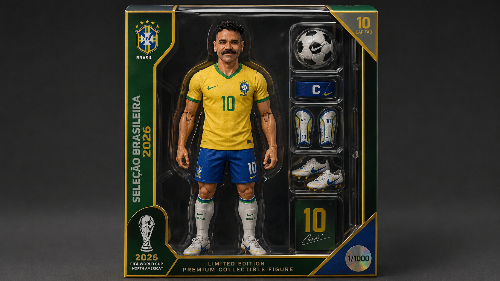 Boneco de ação do jogador de futebol fictício, com bigode e cavanhaque, vestindo uniforme da seleção brasileira (camisa amarela e shorts azuis com número 10), dentro de uma caixa de colecionador. A caixa também contém acessórios como bola, chuteiras, caneleiras e faixa de capitão, e exibe o logo da Copa do Mundo 2026