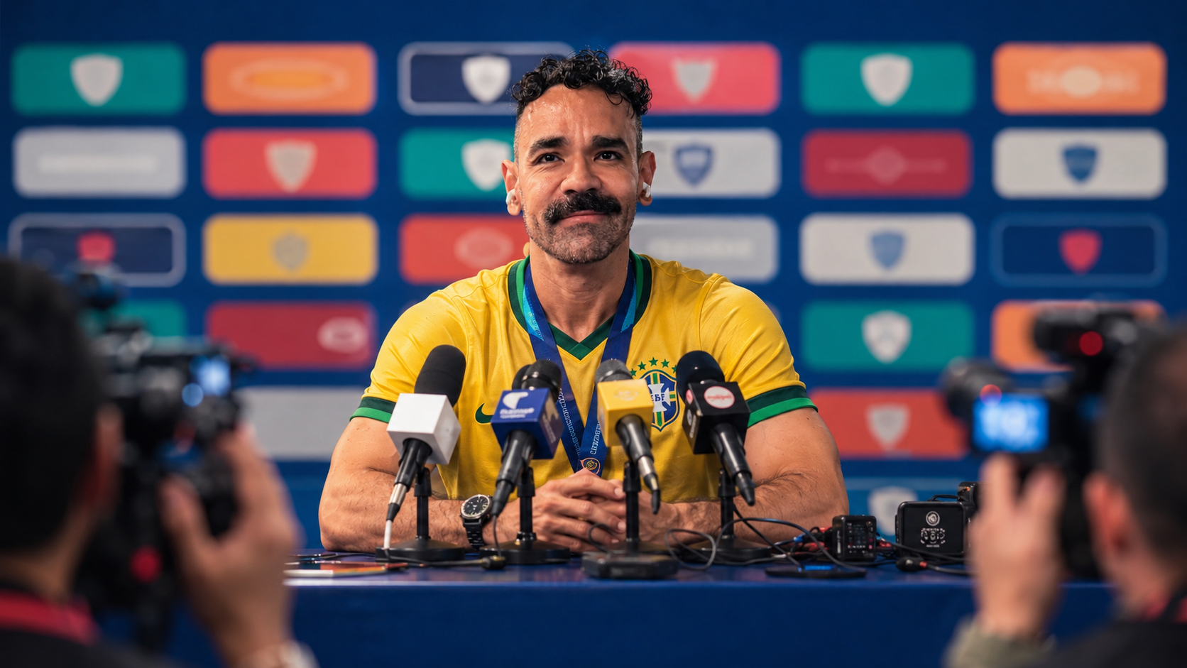 Homem com bigode e cabelo encaracolado, vestindo camisa amarela da seleção brasileira, sentado em uma mesa azul com vários microfones à frente, em uma coletiva de imprensa. Ele usa fones de ouvido brancos e um colar com medalha, olhando para a frente com expressão séria. Ao fundo, uma parede azul com logotipos coloridos de patrocinadores. Câmeras e repórteres desfocados aparecem nas laterais