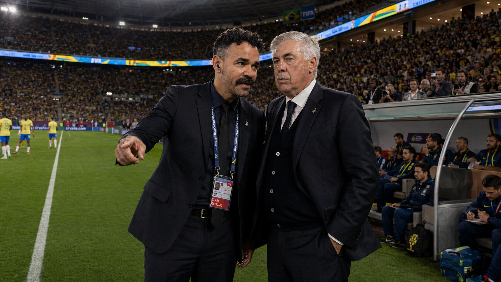 Dois homens de terno escuro conversam à beira do campo de futebol, com um deles apontando para a esquerda. Ao fundo, jogadores de camisa amarela e torcedores nas arquibancadas lotadas