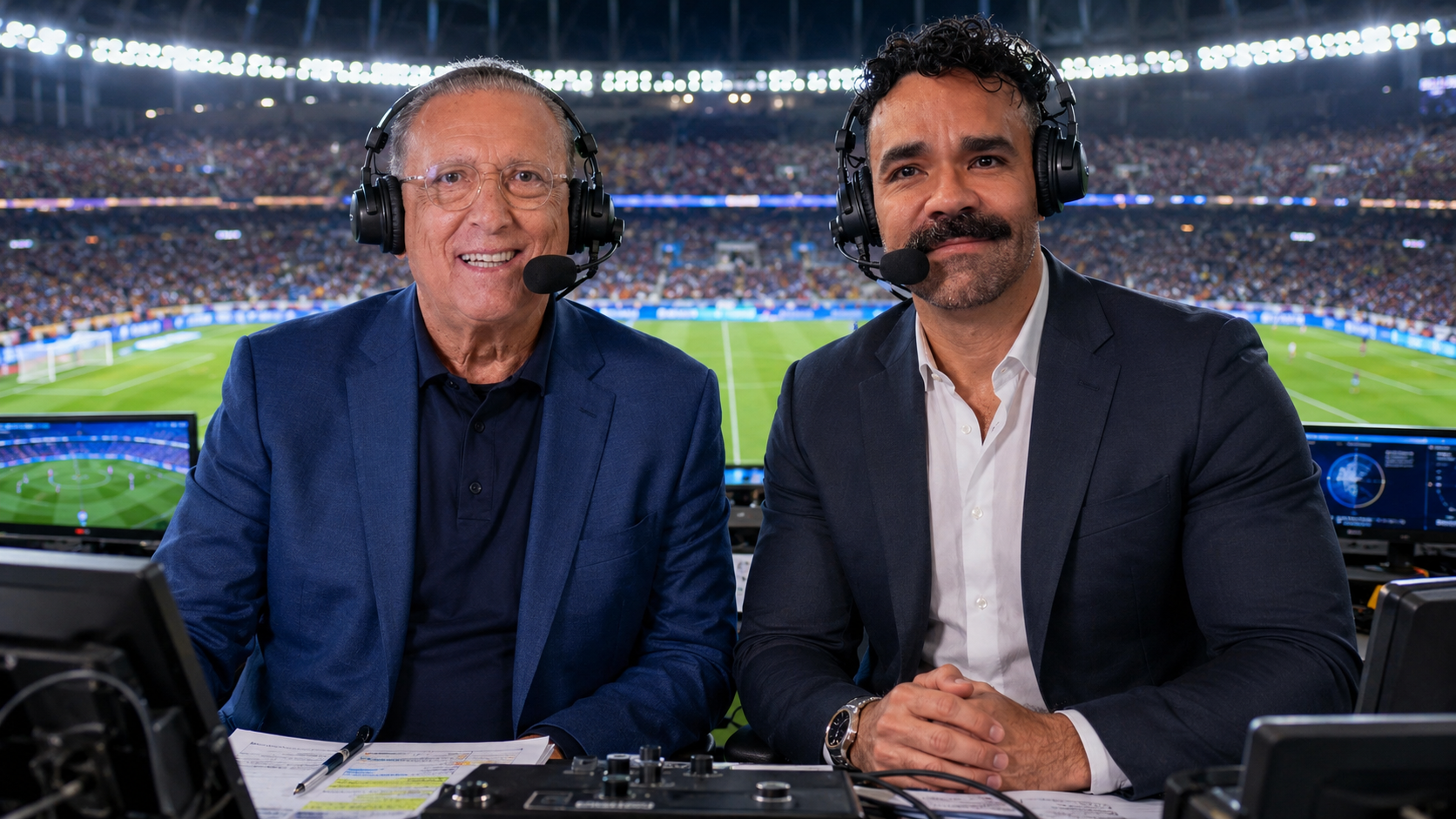 Dois comentaristas esportivos, um homem mais velho de óculos e paletó azul sorrindo, e um homem mais jovem de bigode e paletó escuro, sentados com fones de ouvido e microfones, transmitindo um jogo de futebol em um estádio lotado ao fundo