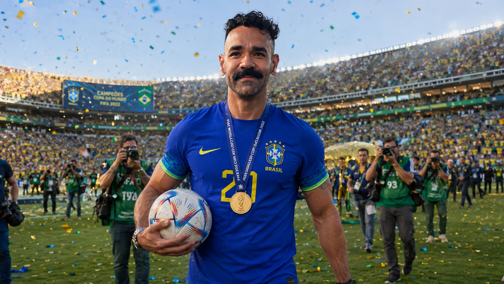 Homem de bigode e cavanhaque, vestindo camisa azul da seleção brasileira com medalha dourada no pescoço, segura uma bola de futebol. Ele está em um campo de futebol, com confetes coloridos caindo, e uma multidão de torcedores nas arquibancadas ao fundo.