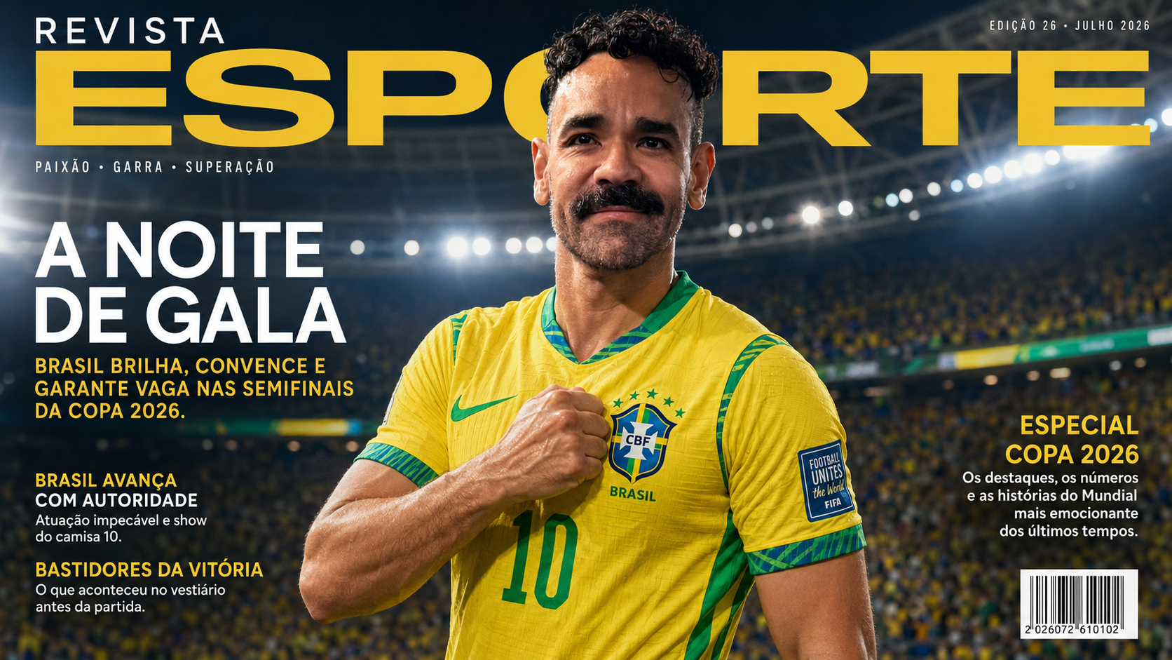 Capa da Revista Esporte com um jogador brasileiro de bigode e cavanhaque, vestindo a camisa amarela da seleção com o número 10, punho cerrado no peito, em um estádio de futebol lotado e iluminado. O título principal é A Noite de Gala.