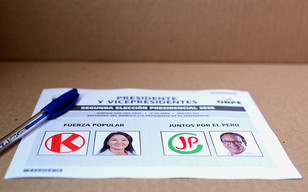 LIMA, PERU - JUNE 7: Detailed view of the ballot during the 2026 runoff on June 7, 2026 in Lima, Peru. Keiko Fujimori, presidential candidate for the Fuerza Popular party and Roberto Sanchez, presidential candidate for the Juntos por el Peru party led the surveys and face today the opportunity to rule the country during the 2026-31 period. (Photo by Raul Sifuentes/Getty Images)