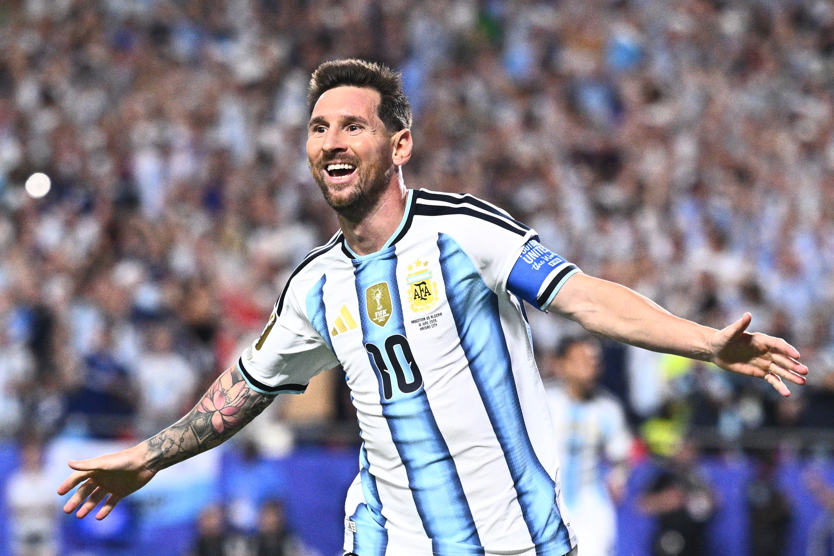 dpatop - 17 June 2026, USA, Kansas City: Soccer, Men, 2026 World Cup, Argentina vs. Algeria, Preliminary Round, Group J, Matchday 1, Kansas City Stadium, Lionel Messi (Argentina) celebrates his second goal, making the score 2-0. PLEASE NOTE: In accordance with FIFA regulations, these images may be used exclusively for editorial purposes. Commercial use is prohibited. Furthermore, no video-like sequences may be created, and no alterations may be made to the image, either in the foreground or the background. Photo: Tom Weller/dpa (Photo by Tom Weller/picture alliance via Getty Images)