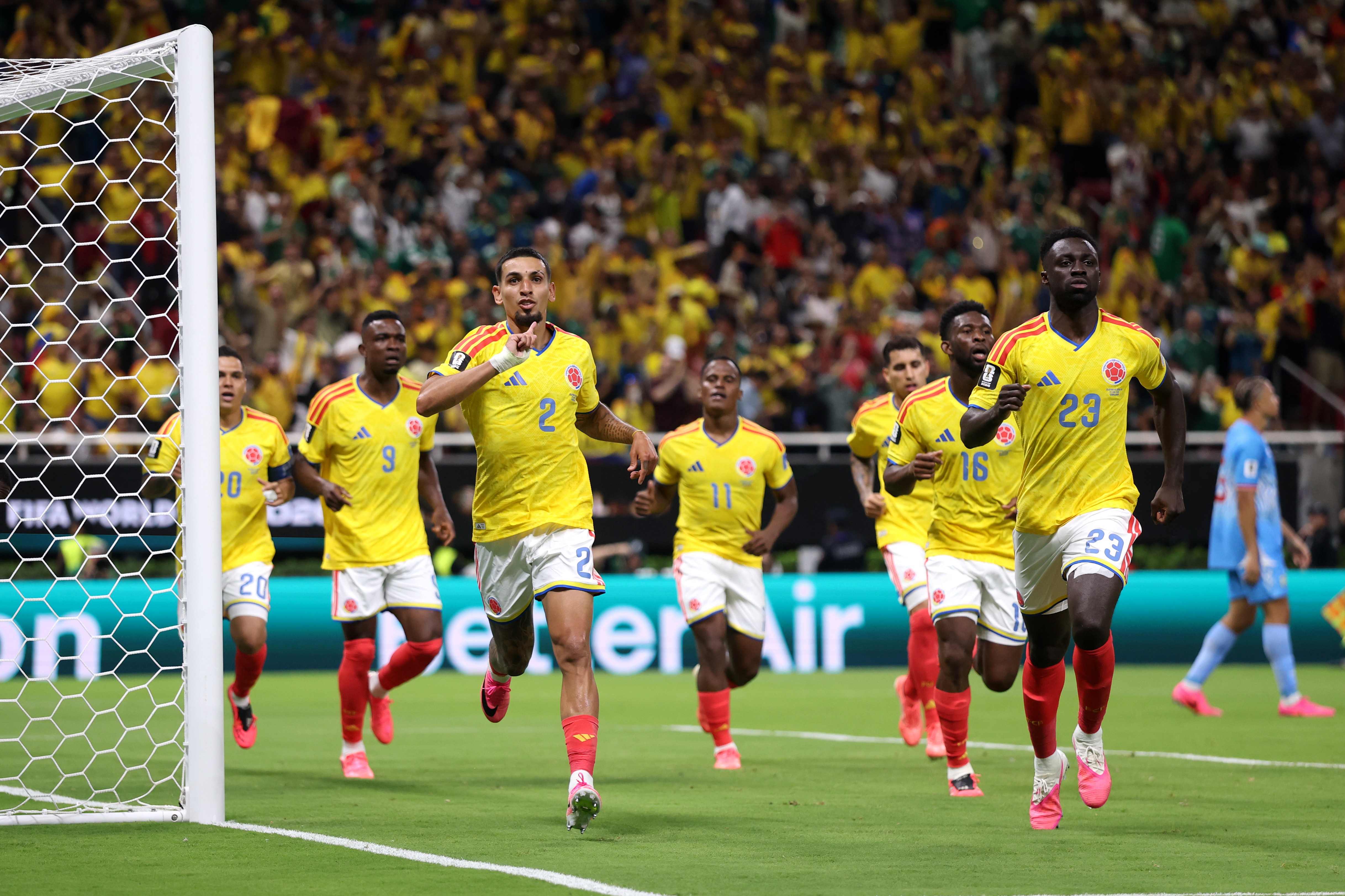 ZAPOPAN, MEXICO - JUNE 23: Daniel Munoz #2 of Colombia celebrates with teammates after scoring the team's first goal during the FIFA World Cup 2026 Group K match between Colombia and Congo DR at Guadalajara Stadium on June 23, 2026 in Zapopan, Mexico. (Photo by Carl Recine/Getty Images)