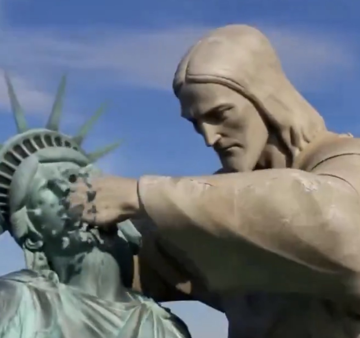 Vídeo feito por IA e publicado no X pela Embaixada iraniana na Tunísia mostrando o Cristo Redentor e a Estátua da Liberdade lutando.
