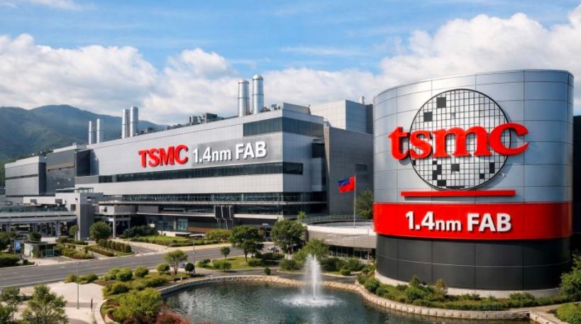 Complexo industrial da TSMC com edifícios modernos e o logo vermelho da empresa. Um lago com fonte e paisagismo verde em primeiro plano. Montanhas ao fundo sob céu azul com nuvens esparsas