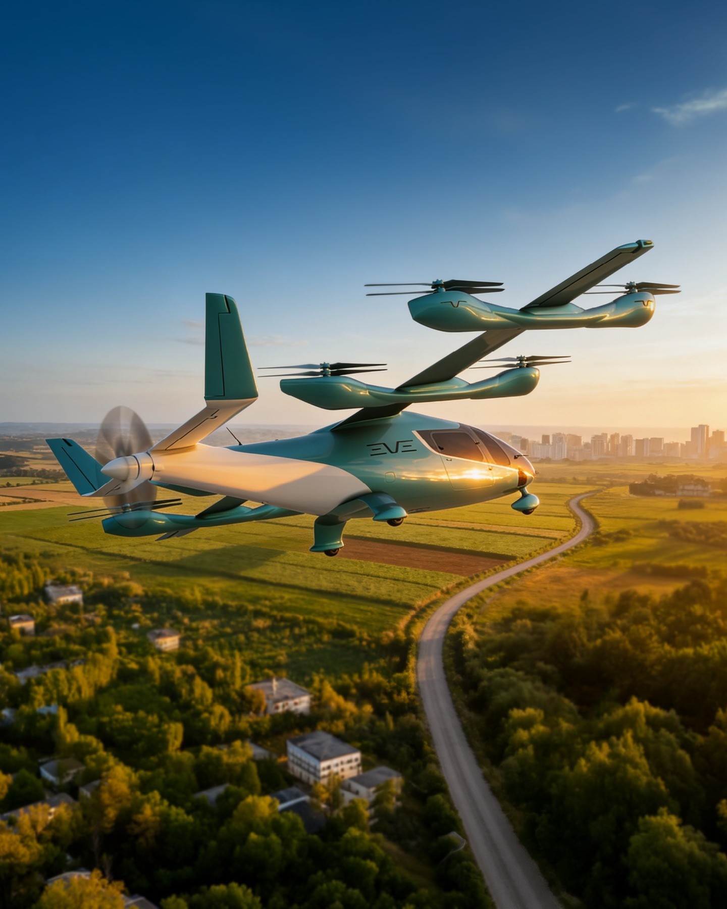 Dois eVTOLs Eve Air Mobility, um à frente e outro atrás, voam sobre uma paisagem rural com uma estrada sinuosa e casas, ao pôr do sol, com uma cidade ao fundo