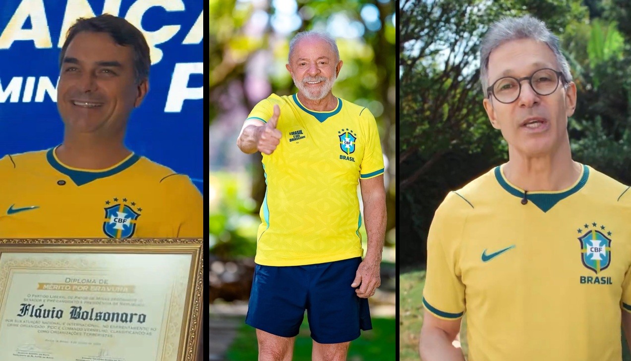 Três homens em camisas amarelas da seleção brasileira. Da esquerda para a direita: Flávio Bolsonaro sorrindo, Lula com o polegar para cima, e um homem de óculos falando