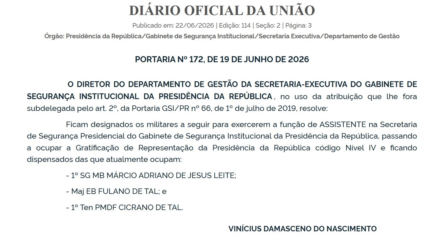 Página do Diário Oficial da União com a Portaria nº 172, de 19 de junho de 2026, designando militares para a função de Assistente na Secretaria de Segurança Presidencial do Gabinete de Segurança Institucional da Presidência da República, assinada por Vinícius Damasceno do Nascimento