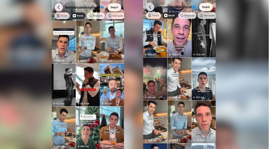 Duas telas de celular lado a lado exibindo o perfil de leomarcondesoficial no Instagram, com grades de fotos e v&iacute;deos de um homem em diversas situa&ccedil;&otilde;es, como cozinhando, falando para a c&acirc;mera e posando em ambientes luxuosos