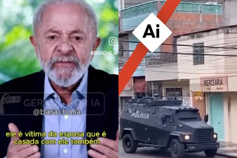 Montagem de v&iacute;deo com Lula, de barba branca e camisa azul, falando &agrave; esquerda, e um carro blindado da pol&iacute;cia em rua urbana &agrave; direita. Um texto amarelo sobrep&otilde;e Lula: ele &eacute; v&iacute;tima da esposa que &eacute; casada com ele tamb&eacute;m. Uma faixa vermelha diagonal com a palavra Ai em branco divide as imagens