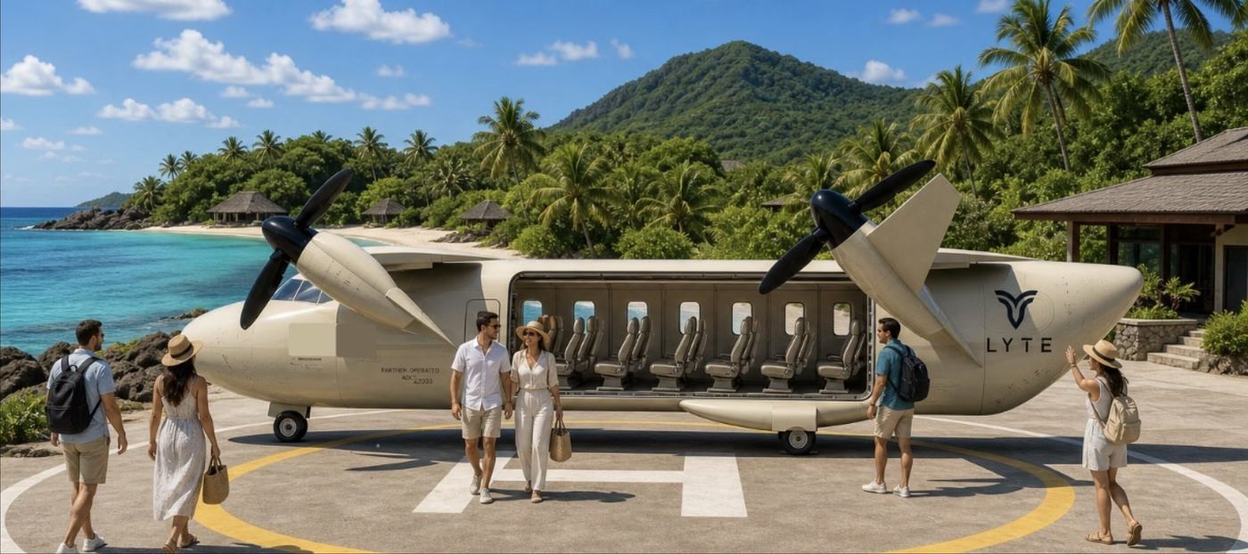 Pessoas desembarcando de um avião bege com hélices, em uma pista de pouso em ilha tropical. A aeronave tem a porta aberta, mostrando assentos vazios. Ao fundo, mar azul-turquesa, areia branca, coqueiros e montanhas verdes sob céu claro