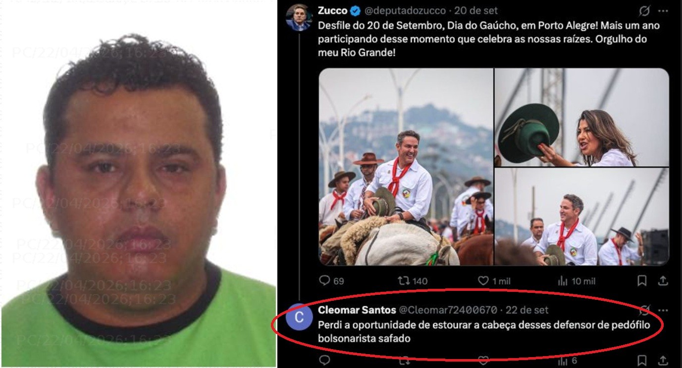Homem de pele morena, cabelo escuro e curto, vestindo camiseta verde-limão com gola preta, ao lado de uma tela de celular com um tweet de Zucco e um comentário de Cleomar Santos com ameaça de violência