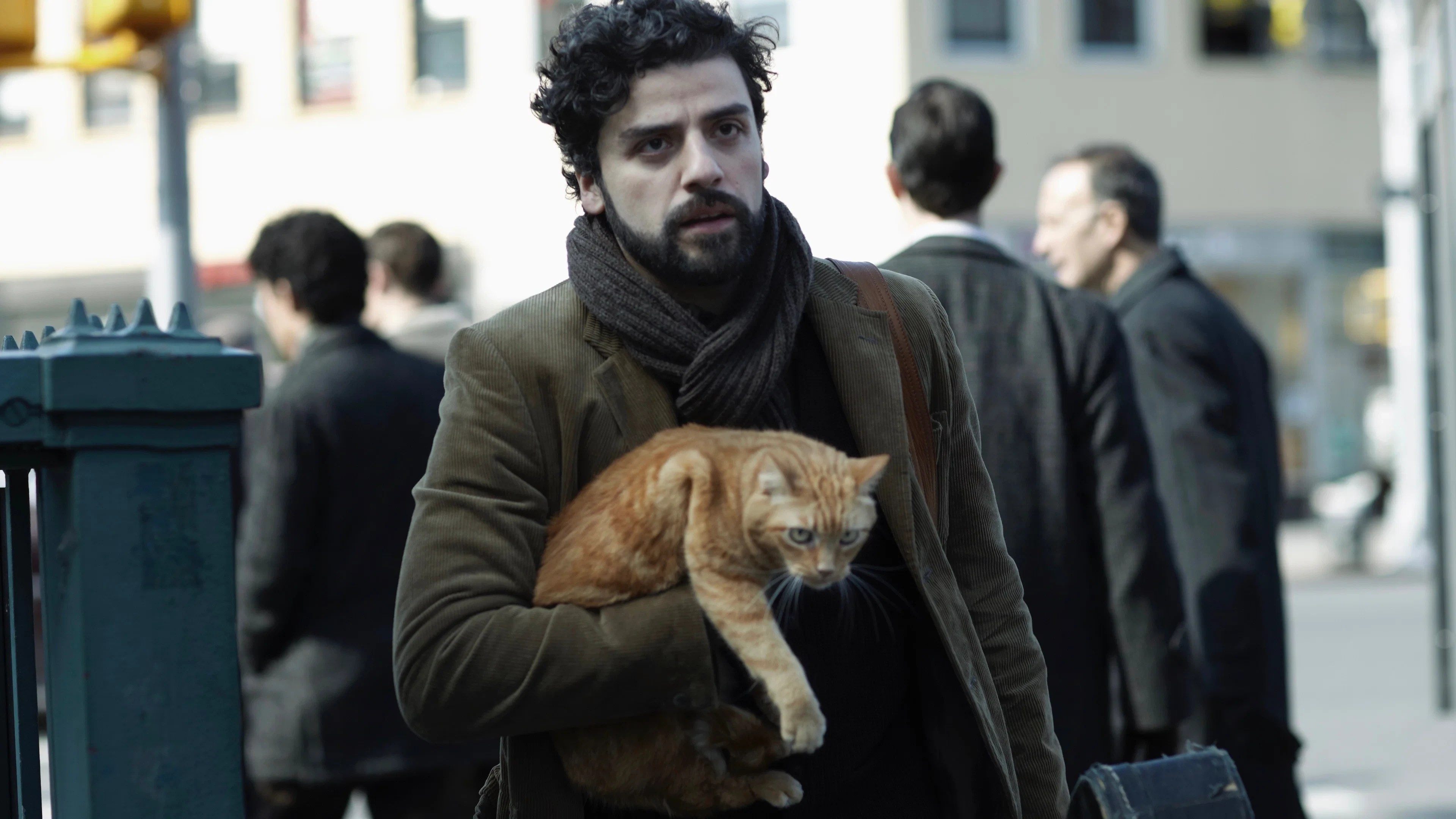 Homem de barba e cabelo escuro, com casaco marrom e cachecol, carrega um gato laranja no colo, olhando para frente com expressão séria. Ele está em uma rua movimentada, com pessoas desfocadas ao fundo