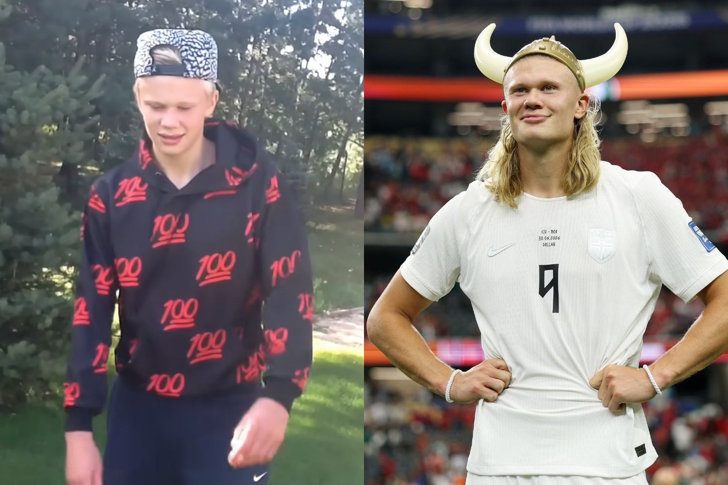 Montagem de duas fotos de Erling Haaland em diferentes idades. À esquerda, jovem, usando boné e moletom preto com emojis vermelhos de 100. À direita, adulto, com cabelo comprido, capacete viking e camisa de futebol branca com o número 9, sorrindo em um estádio