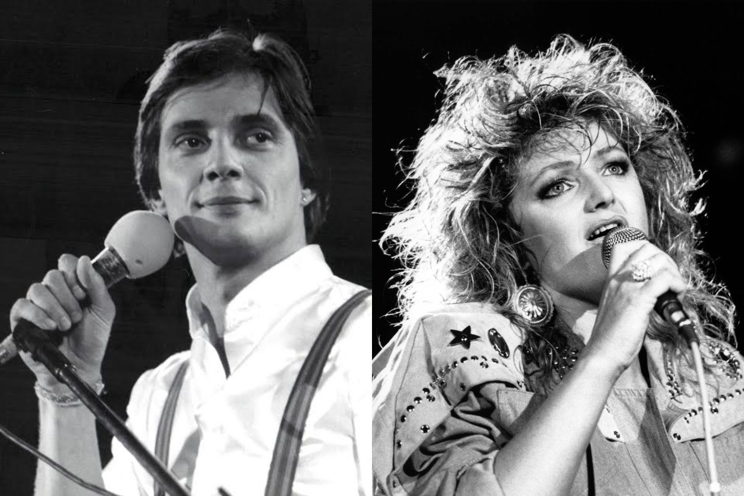 Montagem em preto e branco de dois cantores: à esquerda, um homem sorrindo com microfone na mão, camisa branca e suspensórios; à direita, uma mulher com cabelo volumoso e maquiagem marcante, cantando em um microfone, usando brincos grandes e jaqueta com detalhes