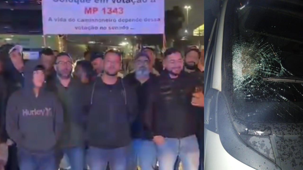 Grupo de homens em protesto noturno com faixa Coloque em votação a MP 1343, e ao lado, para-brisa de carro com vidro estilhaçado