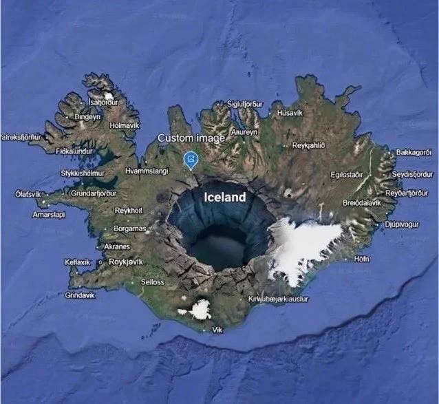 Mapa de satélite da Islândia com uma cratera gigante no centro, como se fosse um vulcão, e cidades marcadas ao redor