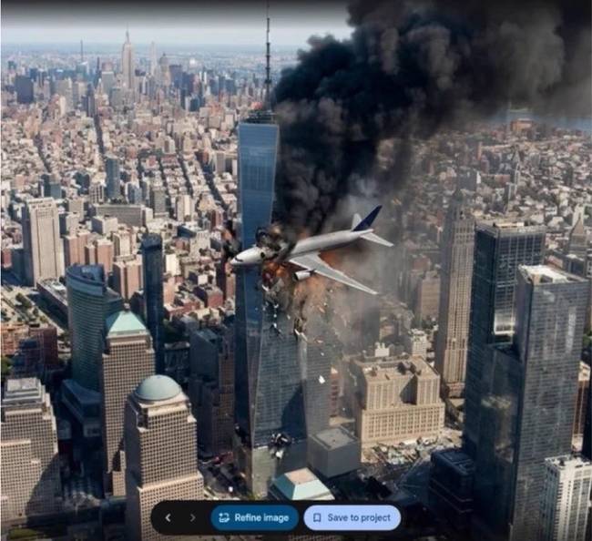 Vista aérea de Nova York com um avião de passageiros branco colidindo com um arranha-céu espelhado, causando explosão e fumaça preta densa. Outros prédios e o Empire State Building são visíveis ao fundo