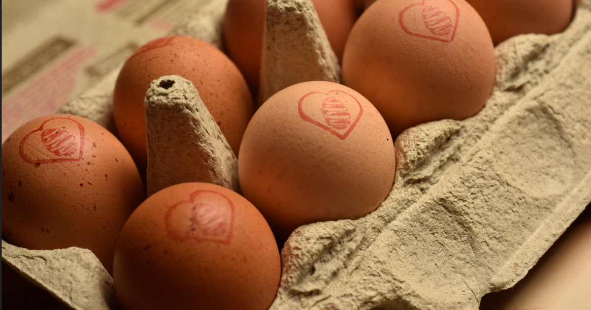 Ovos de galinha marrons em uma caixa de papelão, cada um com um carimbo vermelho de coração e um ovo de Páscoa listrado dentro